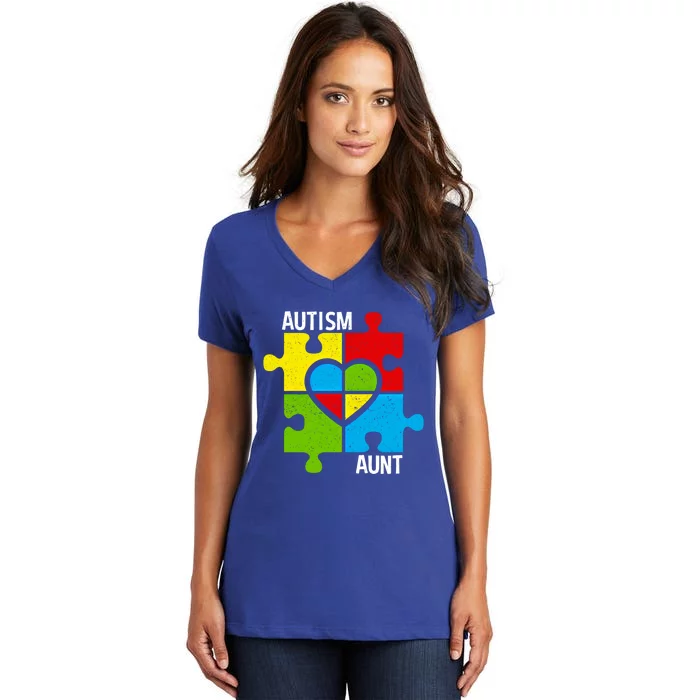 Autism Aunt Puzzle Pieces And Heart Funny Gift Women's V-Neck T-Shirt