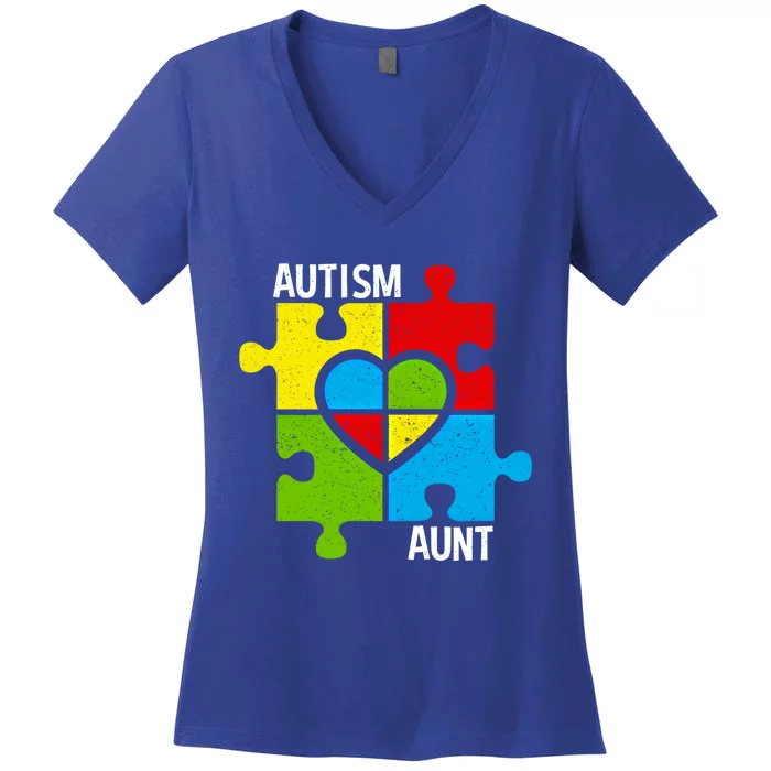 Autism Aunt Puzzle Pieces And Heart Funny Gift Women's V-Neck T-Shirt