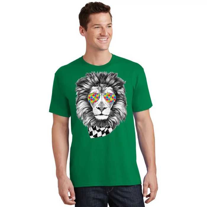 Autism Awareness Puzzle Sunglasses Lion T-Shirt