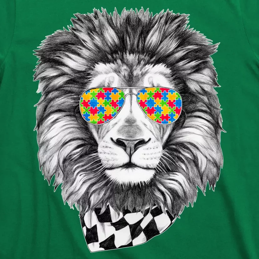 Autism Awareness Puzzle Sunglasses Lion T-Shirt