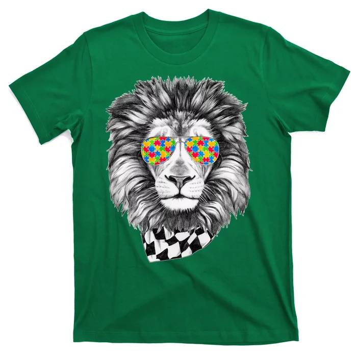 Autism Awareness Puzzle Sunglasses Lion T-Shirt