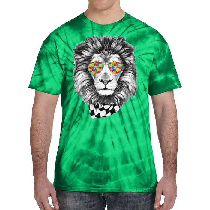 Autism Awareness Puzzle Sunglasses Lion Tie-Dye T-Shirt