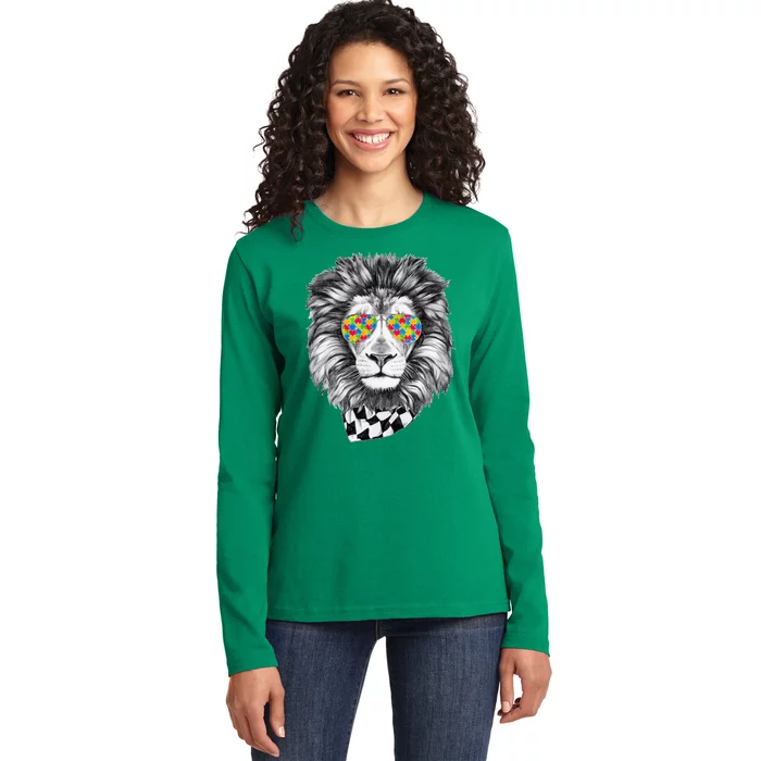 Autism Awareness Puzzle Sunglasses Lion Ladies Long Sleeve Shirt