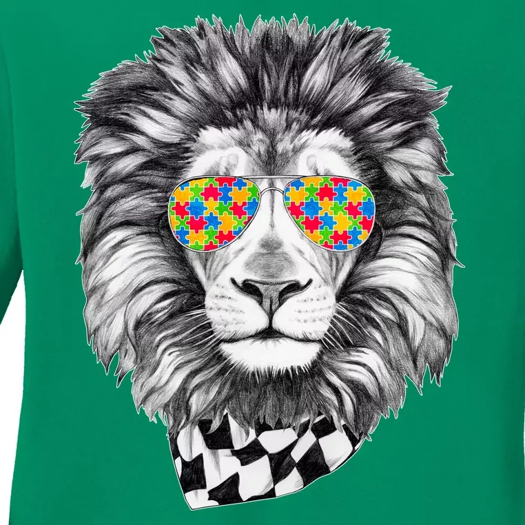 Autism Awareness Puzzle Sunglasses Lion Ladies Long Sleeve Shirt