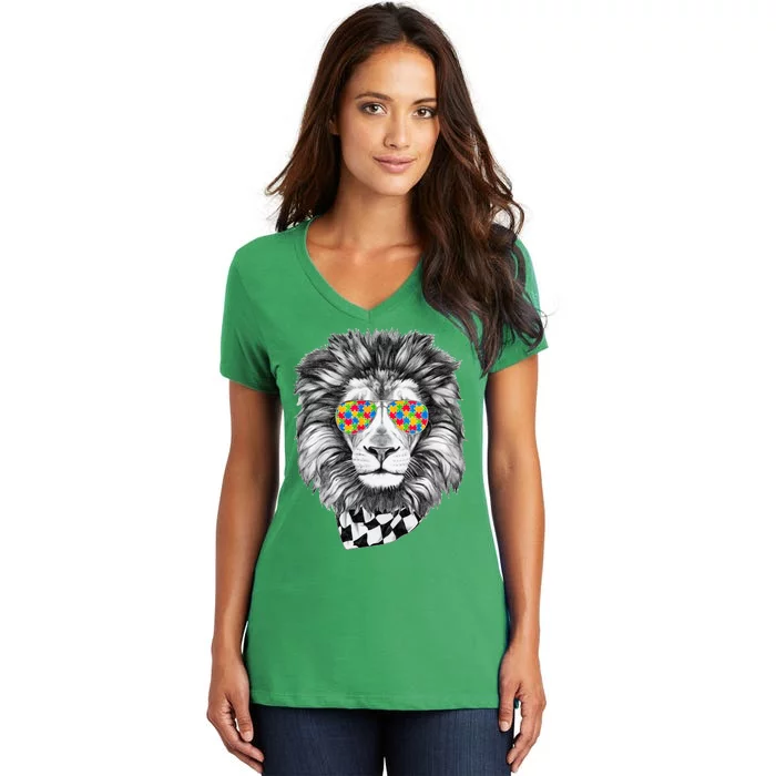 Autism Awareness Puzzle Sunglasses Lion Women's V-Neck T-Shirt