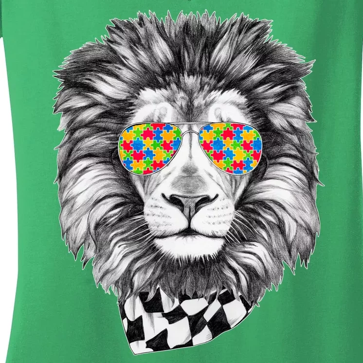 Autism Awareness Puzzle Sunglasses Lion Women's V-Neck T-Shirt