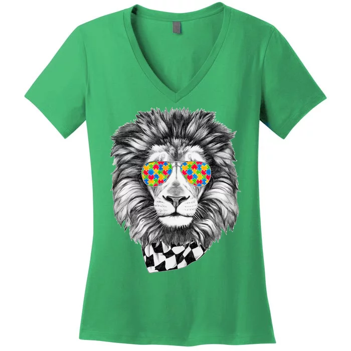 Autism Awareness Puzzle Sunglasses Lion Women's V-Neck T-Shirt