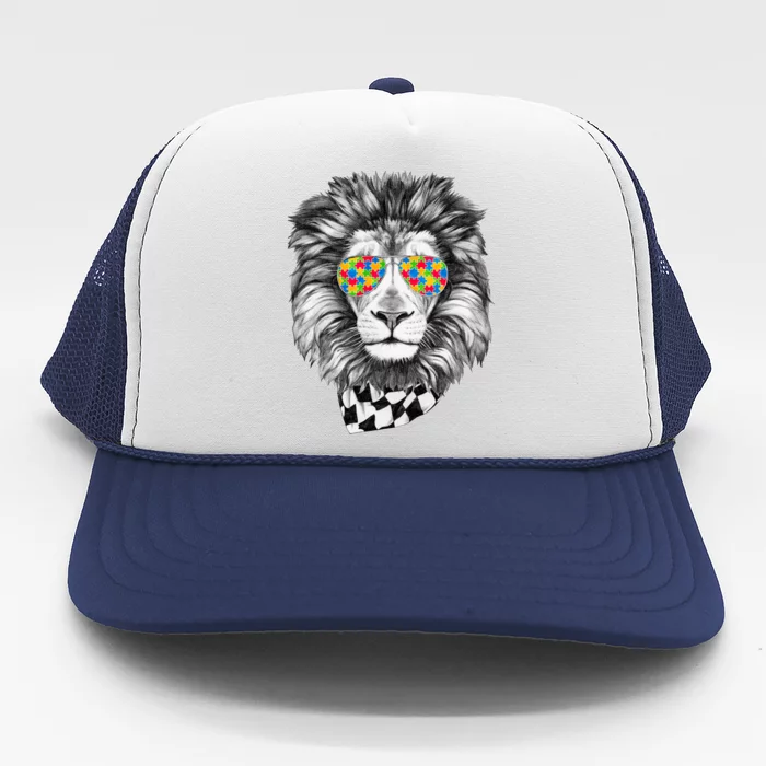 Autism Awareness Puzzle Sunglasses Lion Trucker Hat