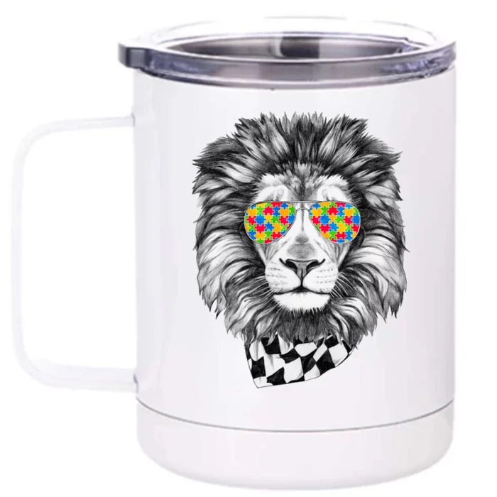 Autism Awareness Puzzle Sunglasses Lion Front & Back 12oz Stainless Steel Tumbler Cup