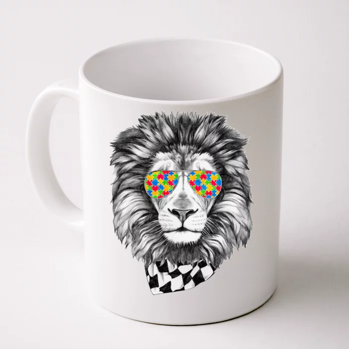 Autism Awareness Puzzle Sunglasses Lion Front & Back Coffee Mug