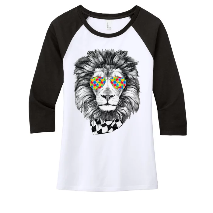 Autism Awareness Puzzle Sunglasses Lion Women's Tri-Blend 3/4-Sleeve Raglan Shirt