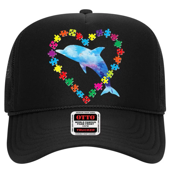 Autism Awareness Puzzle Love Strong Be Kind Dolphin Mom Gift High Crown Mesh Trucker Hat