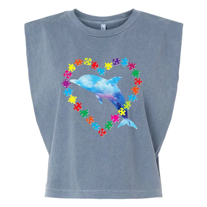 Autism Awareness Puzzle Love Strong Be Kind Dolphin Mom Gift Garment-Dyed Women's Muscle Tee