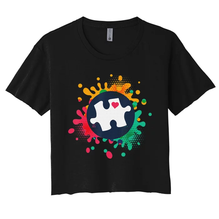 Autism Awareness Puzzle Piece Love Autistic Support Women's Crop Top Tee