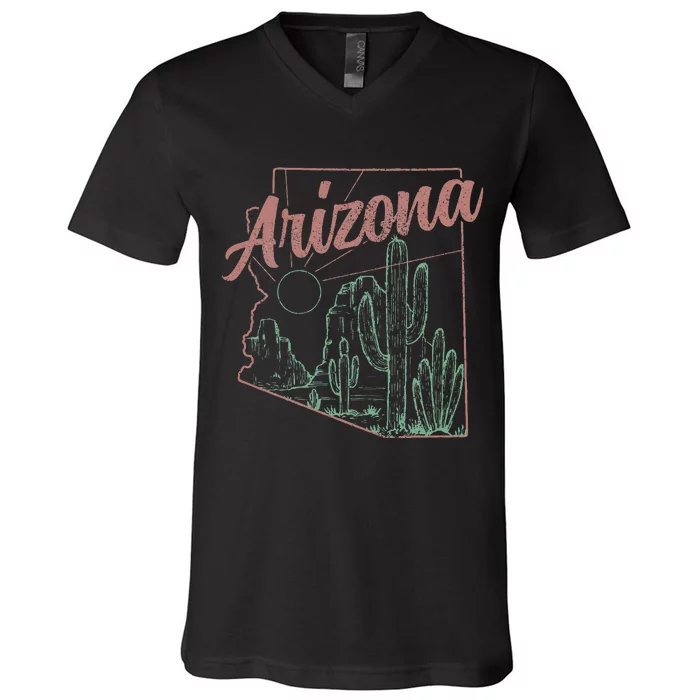 Arizona Az Pride State Map Cactus Desert Vintage V-Neck T-Shirt