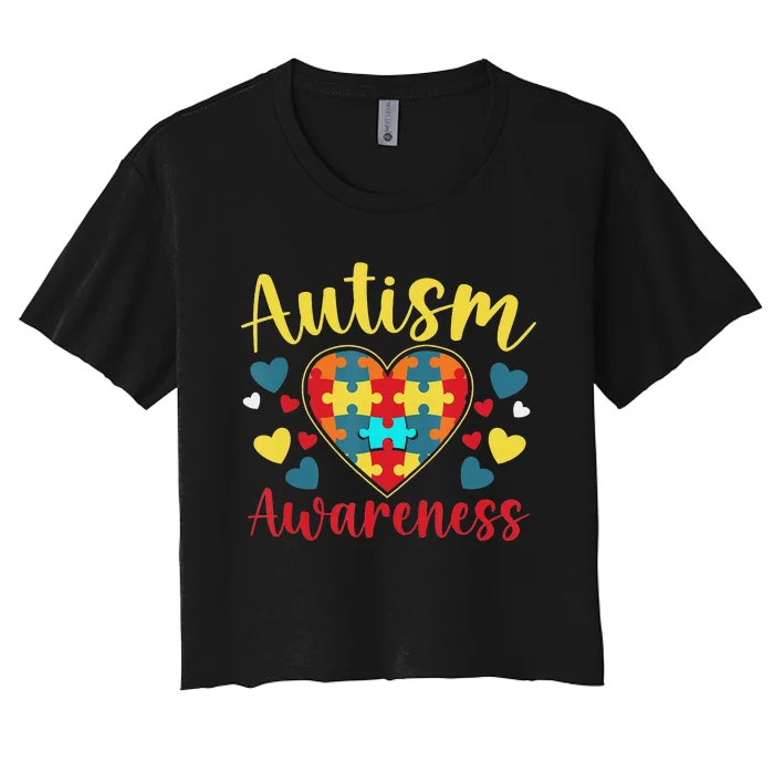 Autism Awareness Puzzle Piece Love Autistic Support Women's Crop Top Tee