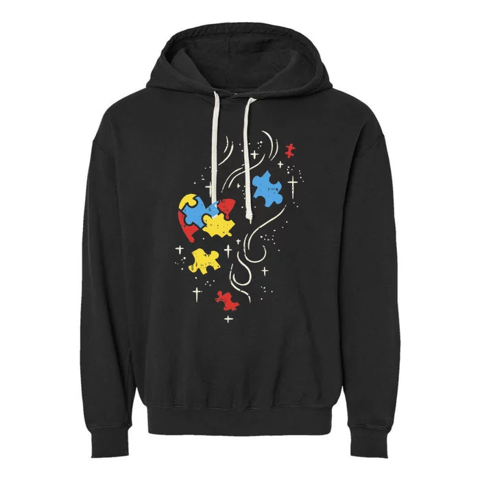 Autism Awareness Puzzle Ribbon Heart Autistic Art Garment-Dyed Fleece Hoodie