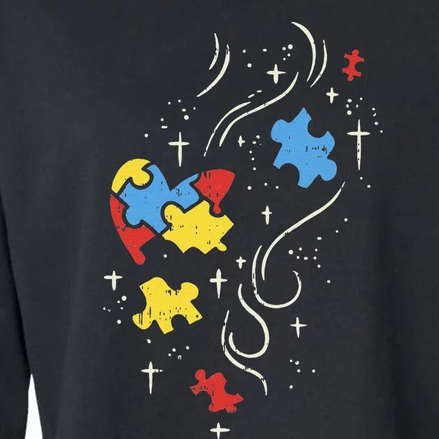 Autism Awareness Puzzle Ribbon Heart Autistic Art Cropped Pullover Crew