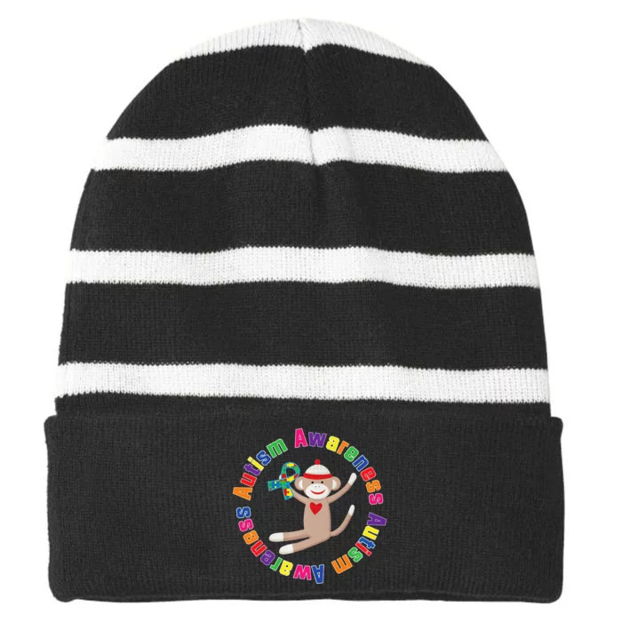 Autism Awareness Puzzle Ribbon Support Striped Beanie with Solid Band