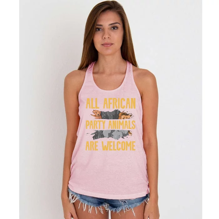 All African Party Animals Are Welcome Safari Family Vacation Gift Women's Knotted Racerback Tank