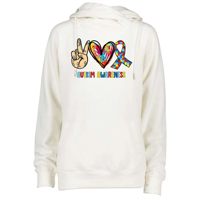 Autism Awareness Peace Love Autism Womens Funnel Neck Pullover Hood