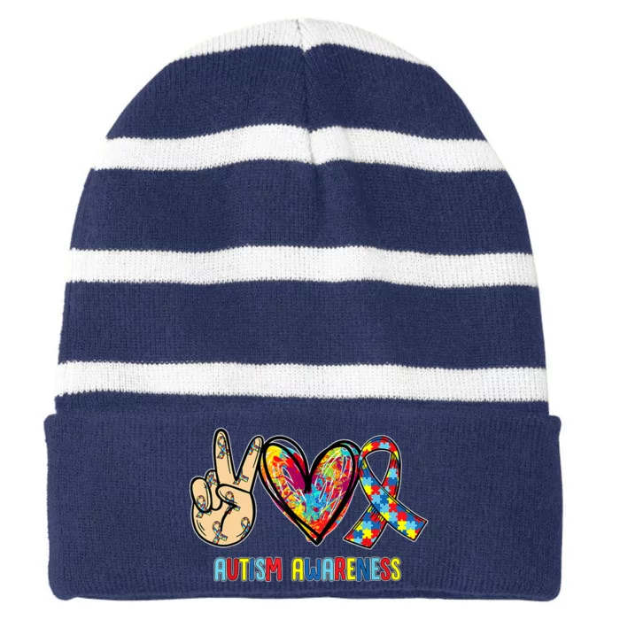 Autism Awareness Peace Love Autism Striped Beanie with Solid Band