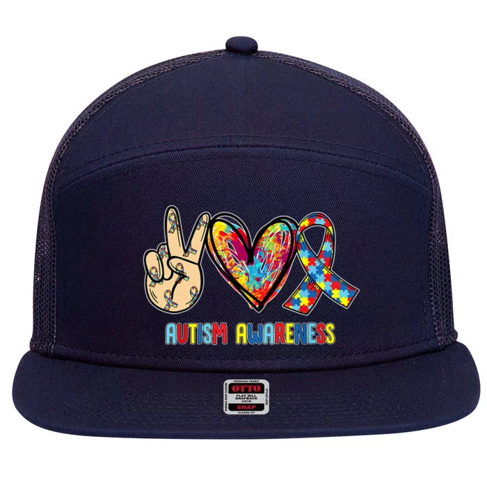 Autism Awareness Peace Love Autism 7 Panel Mesh Trucker Snapback Hat