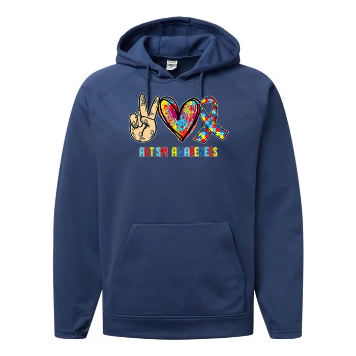 Autism Awareness Peace Love Autism Performance Fleece Hoodie