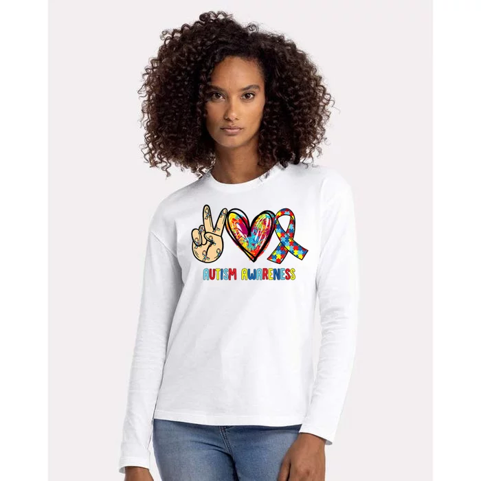 Autism Awareness Peace Love Autism Womens Cotton Relaxed Long Sleeve T-Shirt