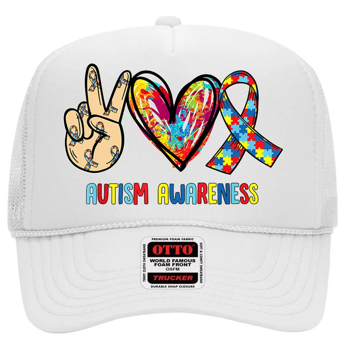 Autism Awareness Peace Love Autism High Crown Mesh Trucker Hat