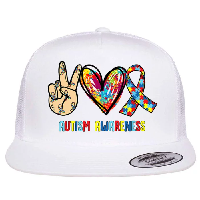 Autism Awareness Peace Love Autism Flat Bill Trucker Hat