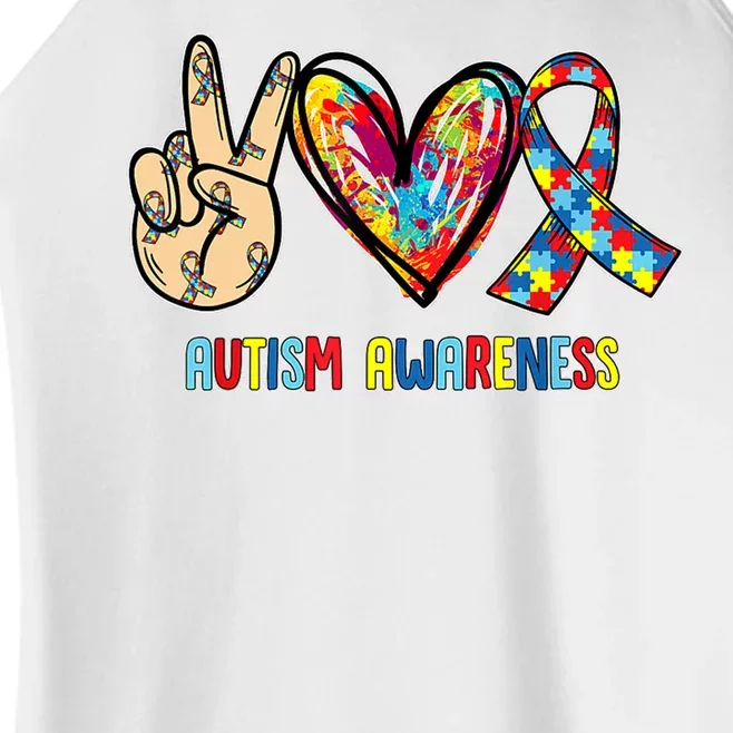 Autism Awareness Peace Love Autism Women’s Perfect Tri Rocker Tank