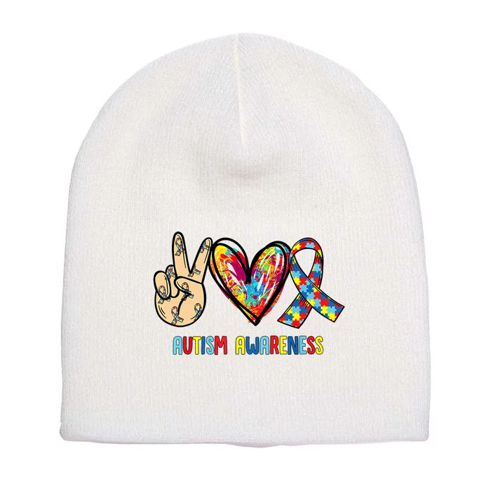 Autism Awareness Peace Love Autism Short Acrylic Beanie