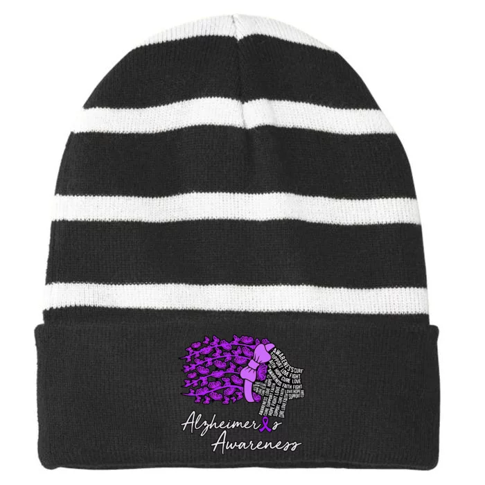 Alzheimers Awareness Purple Flowers Ribbon Month Graphic Striped Beanie with Solid Band