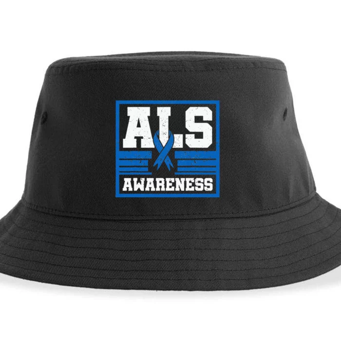 ALS Awareness Patient Support Blue Ribbon Recovery Sustainable Bucket Hat