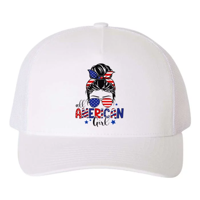 All American Patriotic Happy 4th Of July Messy Bun Yupoong Adult 5-Panel Trucker Hat