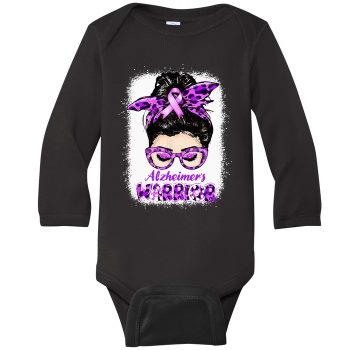 Alzheimers Awareness Purple Alzheimers Warrior Messy Bun Baby Long Sleeve Bodysuit