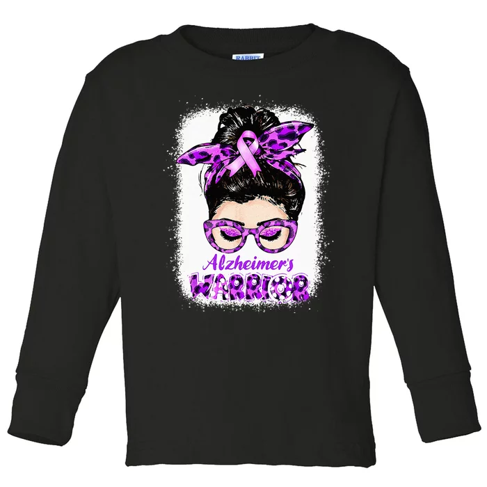 Alzheimers Awareness Purple Alzheimers Warrior Messy Bun Toddler Long Sleeve Shirt