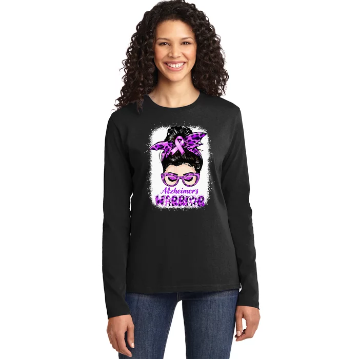 Alzheimers Awareness Purple Alzheimers Warrior Messy Bun Ladies Long Sleeve Shirt