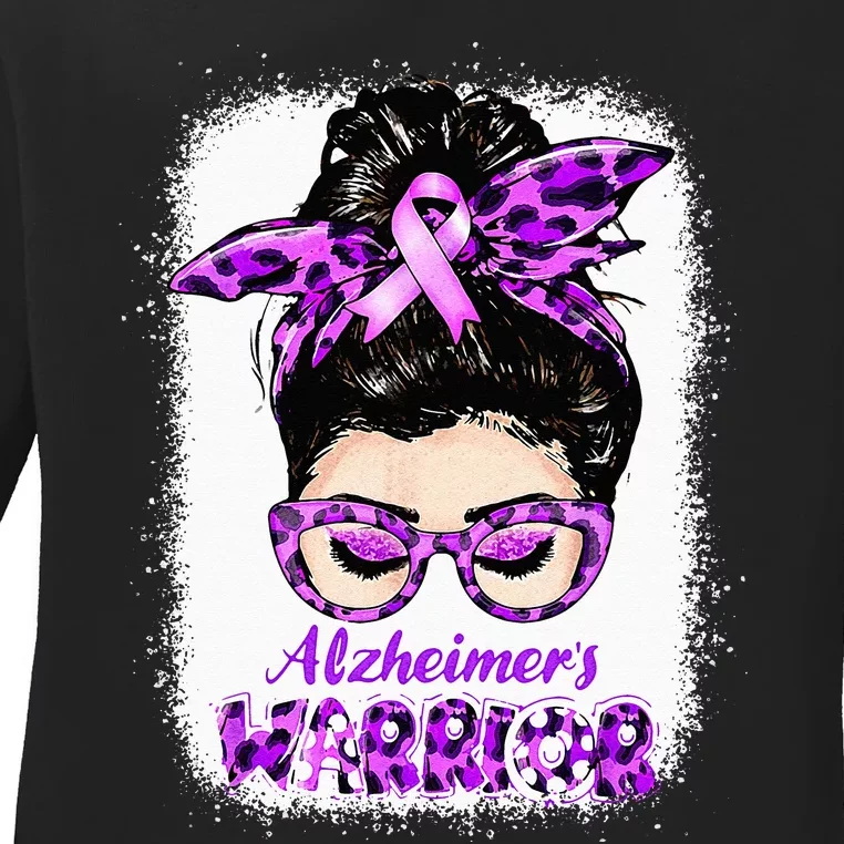 Alzheimers Awareness Purple Alzheimers Warrior Messy Bun Ladies Long Sleeve Shirt