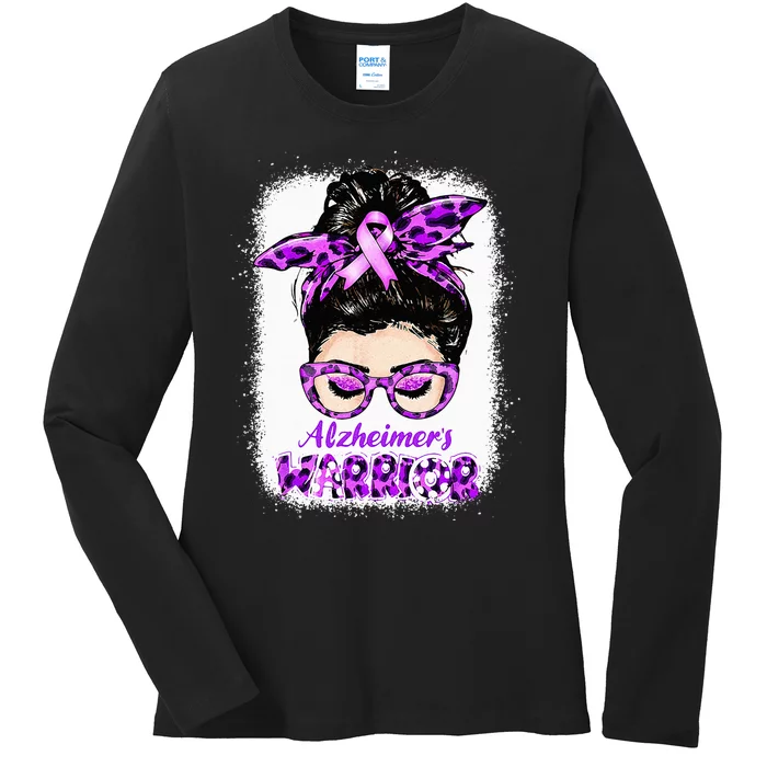 Alzheimers Awareness Purple Alzheimers Warrior Messy Bun Ladies Long Sleeve Shirt