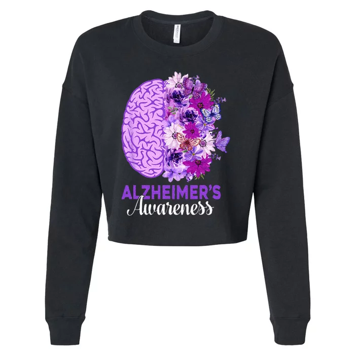 Alzheimers Awareness Purple Flower Brain Be Kind Cropped Pullover Crew