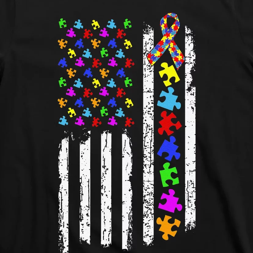 Autism Awareness Puzzle Flag Of The United States Of America T-Shirt