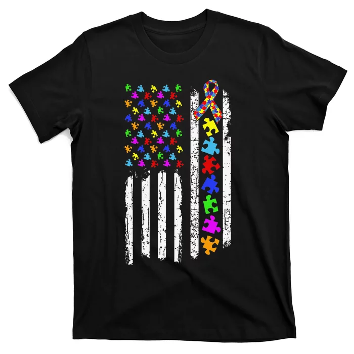 Autism Awareness Puzzle Flag Of The United States Of America T-Shirt