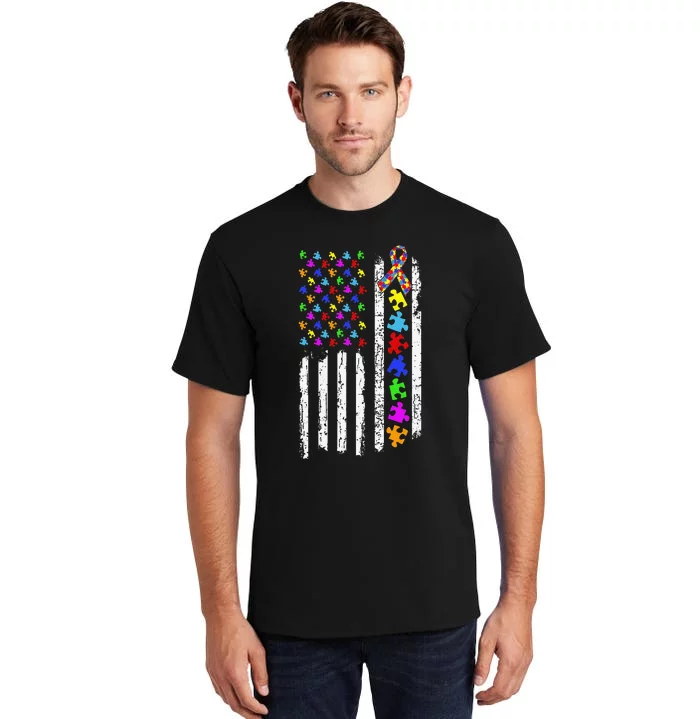 Autism Awareness Puzzle Flag Of The United States Of America Tall T-Shirt