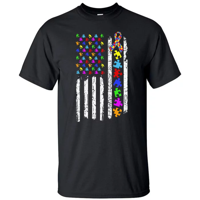 Autism Awareness Puzzle Flag Of The United States Of America Tall T-Shirt