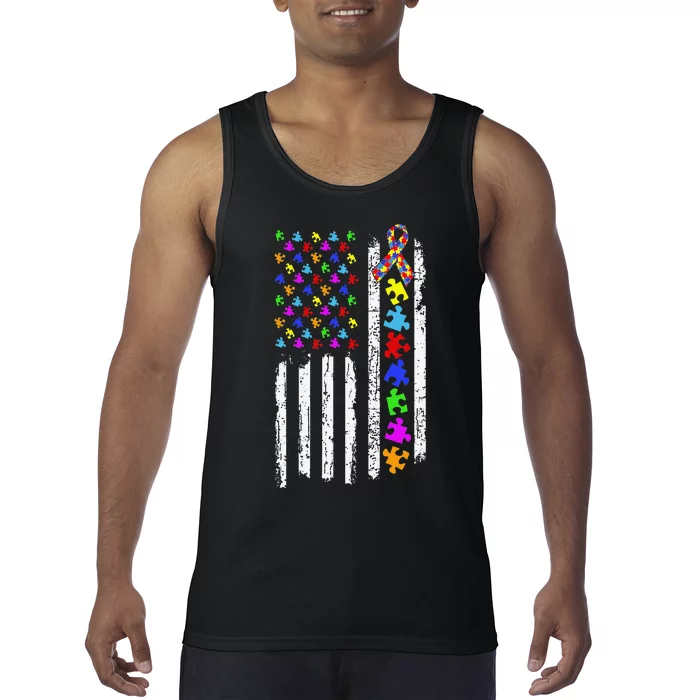 Autism Awareness Puzzle Flag Of The United States Of America Tank Top