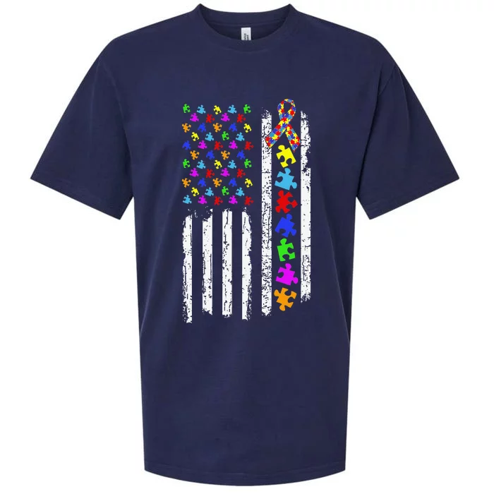 Autism Awareness Puzzle Flag Of The United States Of America Sueded Cloud Jersey T-Shirt