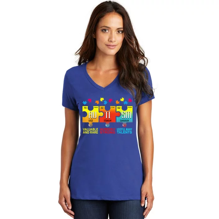 Autism Awareness Puzzle Chemical Elements Wo Mom Women's V-Neck T-Shirt