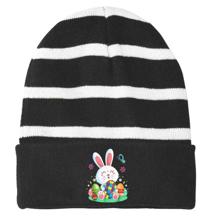 Autism Awareness Puzzle Easter Bunny Eggs Striped Beanie with Solid Band